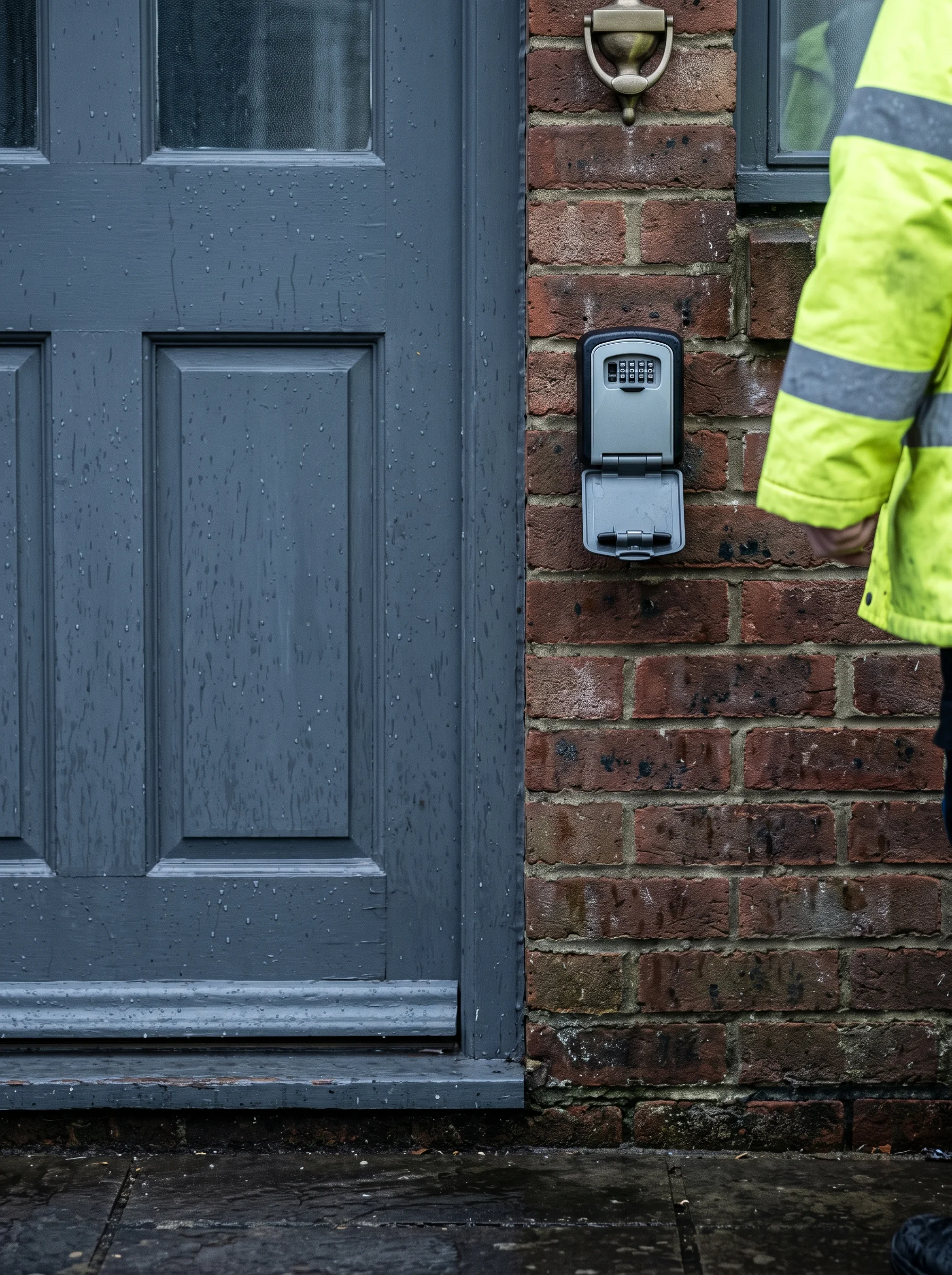 A key safe mounted beside a rain-flecked front door on a terraced house in flat grey morning light, with a hi-vis sleeve at the edge of the frame