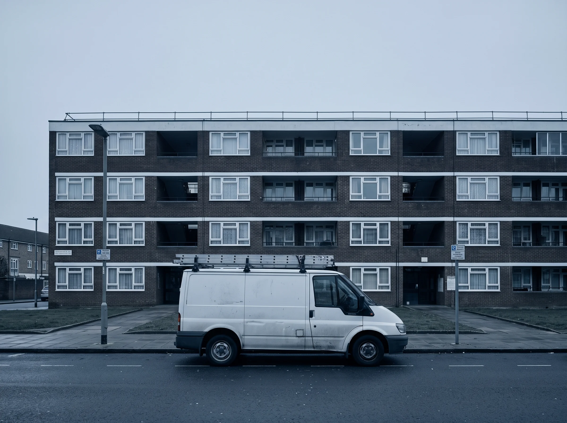 A work van parked square-on outside a block of flats in flat grey morning light
