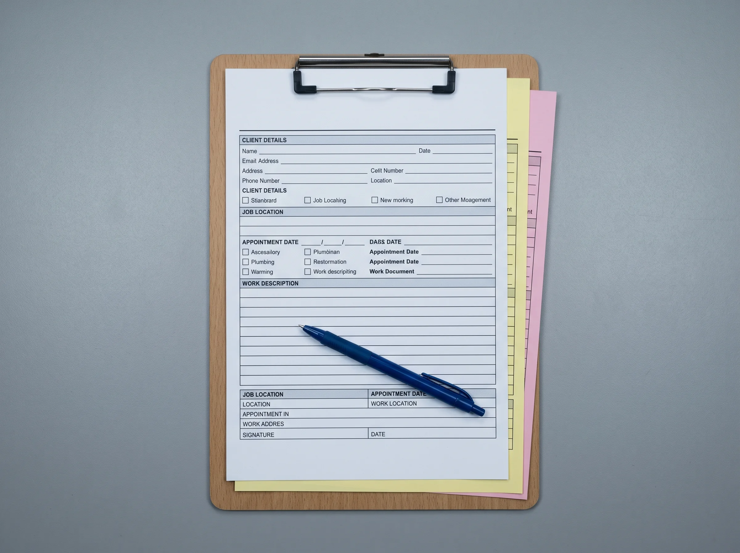 A blank triplicate intake form on a clipboard with pink and yellow carbon-copy sheets visible and a ballpoint pen resting across it