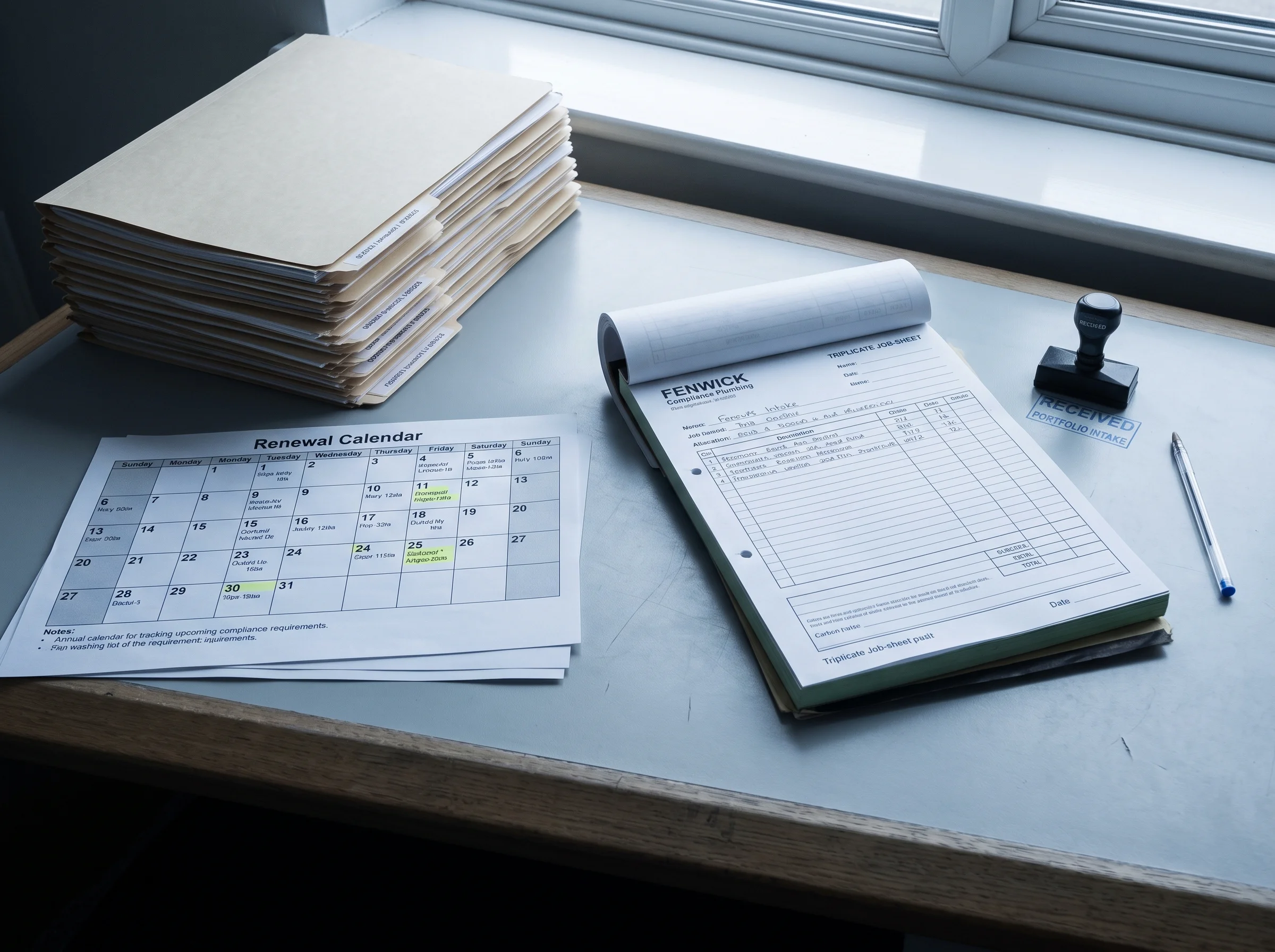 A desk during a portfolio handover with stacked property files, a printed renewal calendar with circled dates and a triplicate job-sheet pad