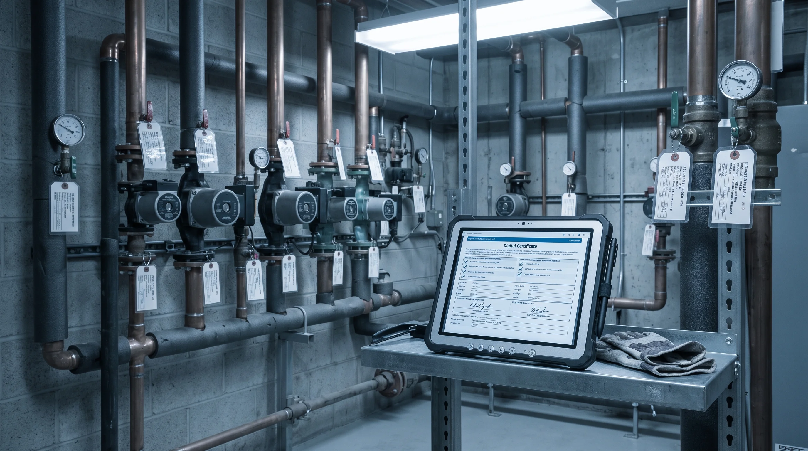 A fluorescent-lit communal plant room with laminated tags on every valve and an engineer's tablet on the pipework showing a completed digital certificate