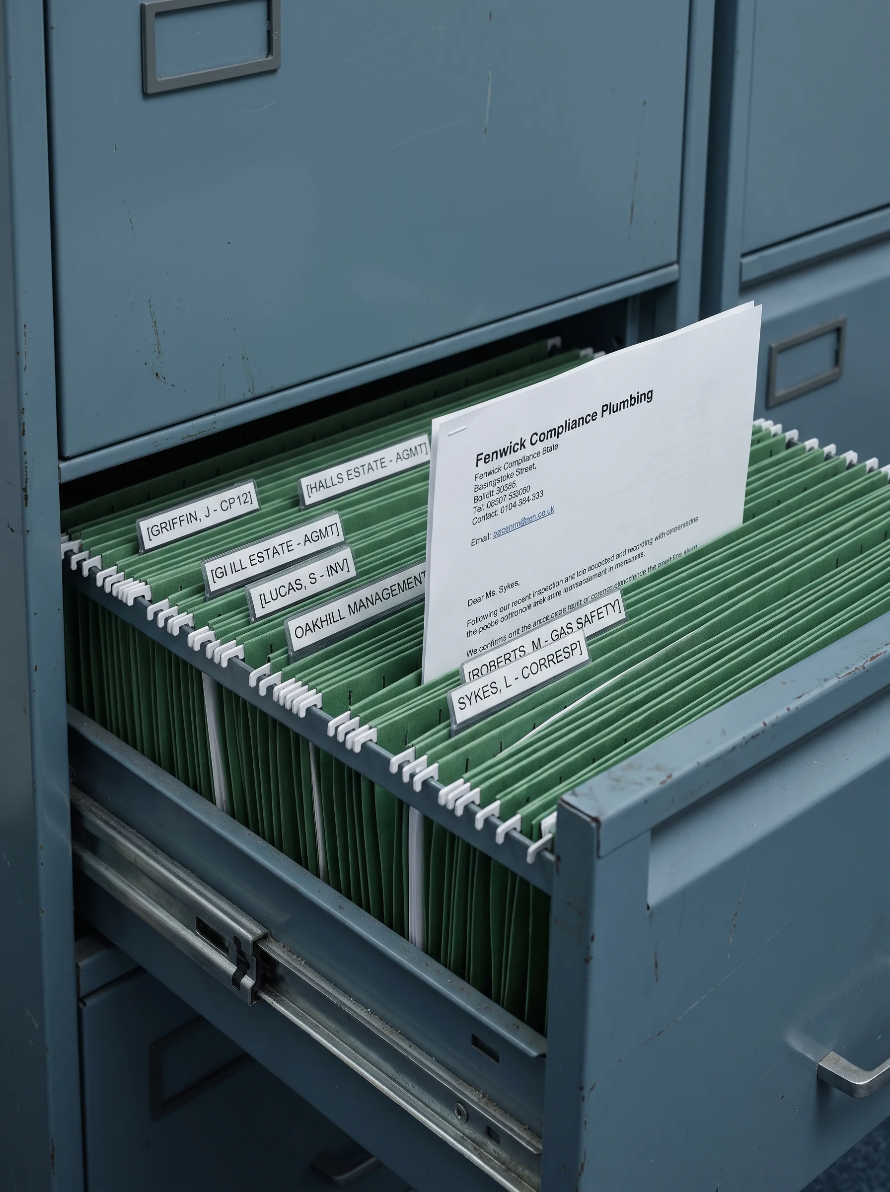 A half-open filing cabinet drawer of suspension files with typed tabs, one letter pulled slightly forward